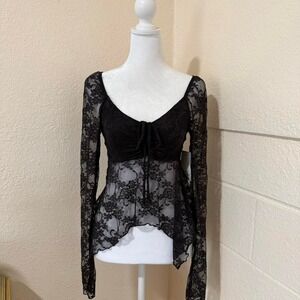 Electric Behaviour Lace Top Women's V-Neck Tie Front Long Sleeves Babydoll